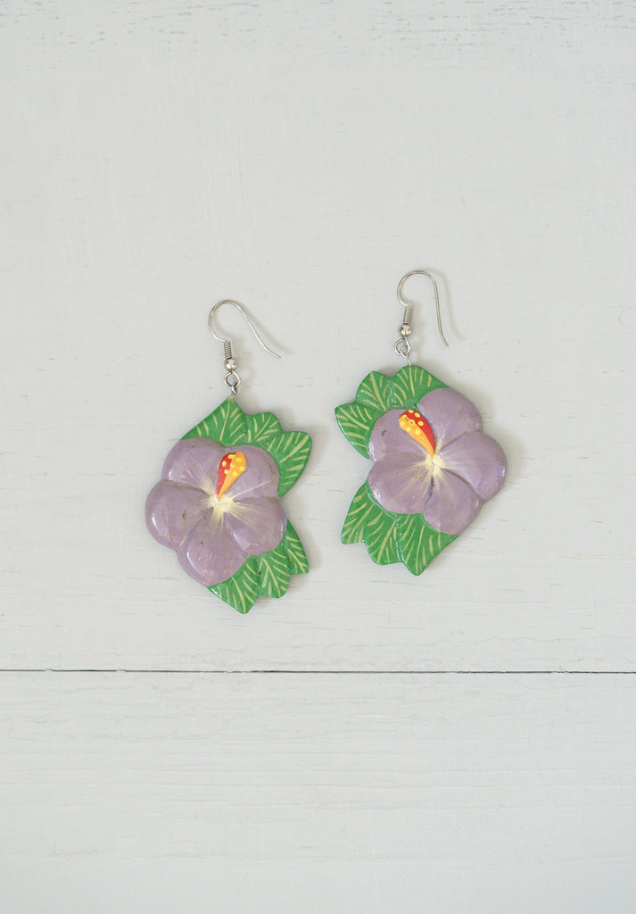Fun Vintage Wooden Hand-Painted Purple Dangle Hibiscus Earrings