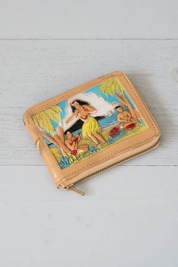 Vintage Hand-Tooled Leather Hawaiian Hula Girl Zip Wallet