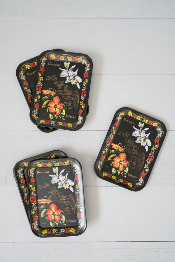 Vintage Set of 7 Mini Black Hawaiian Flower Metal Trays