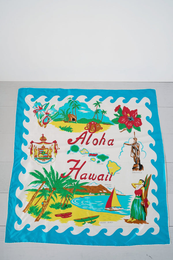 Silky, Colorful Vintage Aloha Hawaii Hula Girl Beach Scene Scarf