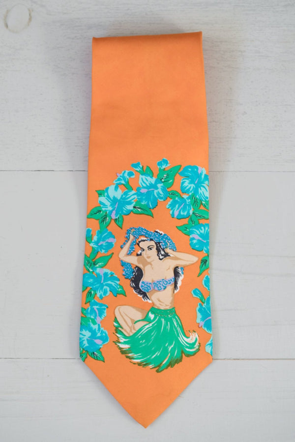 Vintage Orange Silk Hawaiian Pin-Up Hula Girl Tie