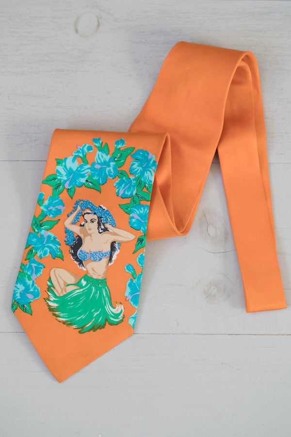 Vintage Orange Silk Hawaiian Pin-Up Hula Girl Tie