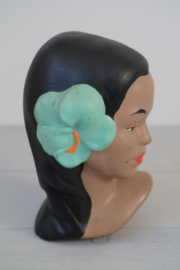Vintage 1960s Chalkware Hawaiian Beauty Bust Sculpture - Green Hibiscus