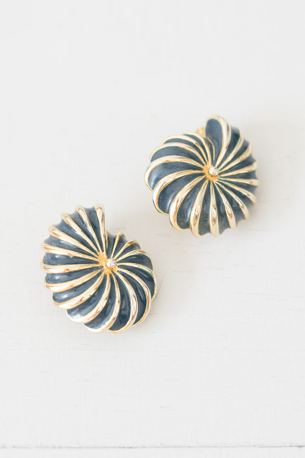 Vintage Gold-and-Navy Nautilus Shell Clip-On Earrings
