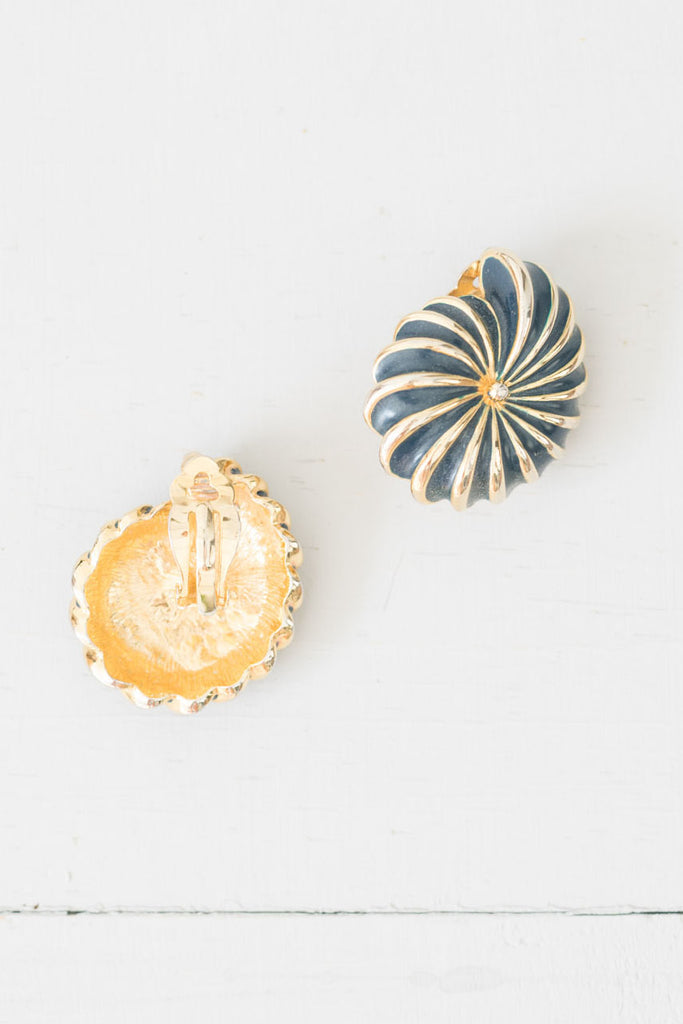 Vintage Gold-and-Navy Nautilus Shell Clip-On Earrings