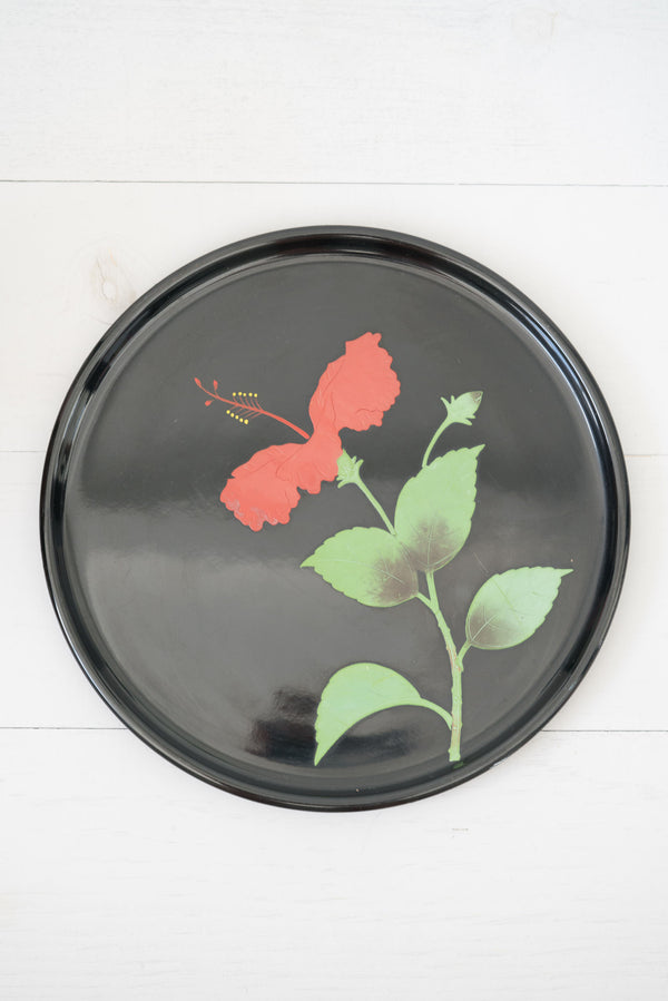 Vintage Japanese Black and Red Hibiscus Ryukyu Lacquer Tray