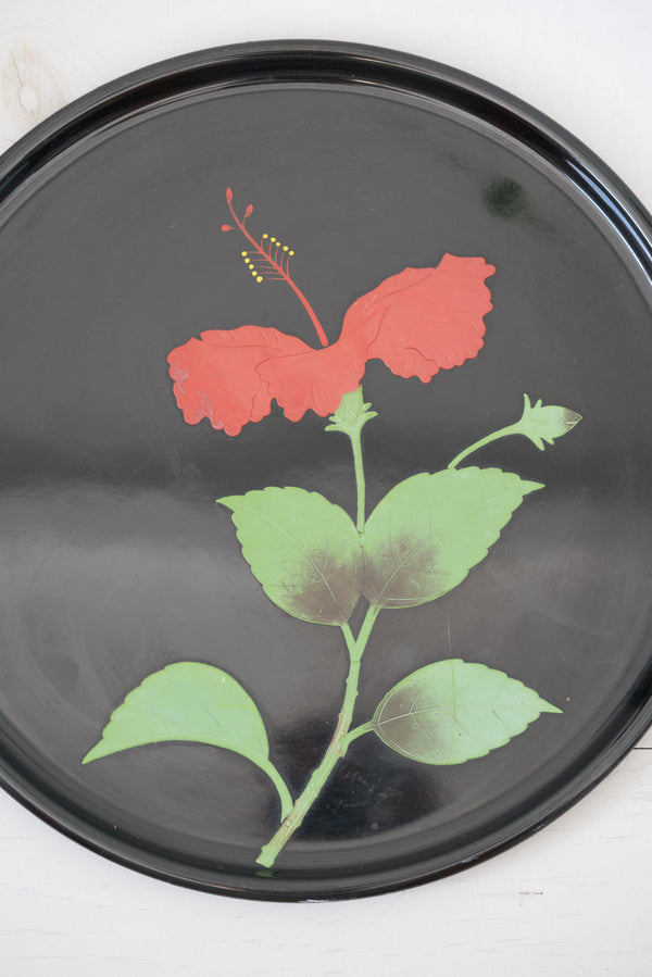Vintage Japanese Black and Red Hibiscus Ryukyu Lacquer Tray