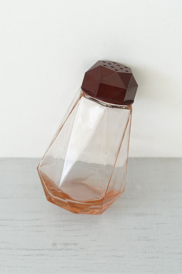 Vintage Geometric Pink Glass and Wood Salt/Pepper Shaker