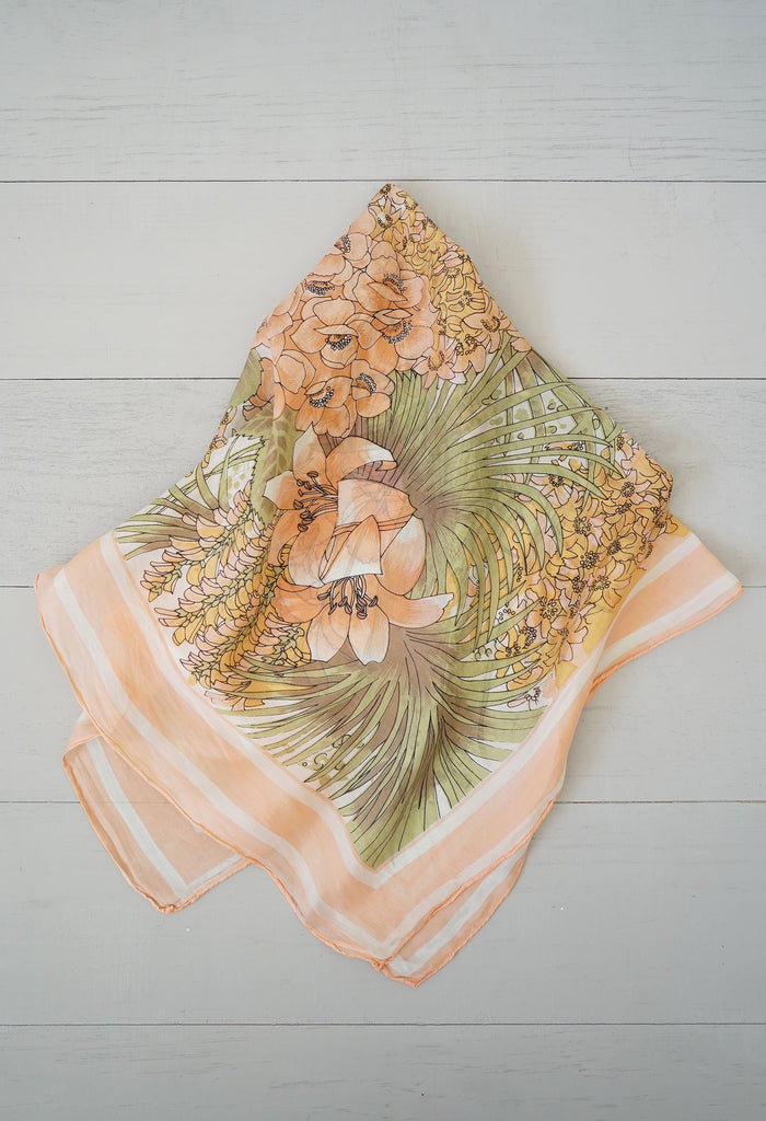 Vintage Silk Peach Lily Palm Flower Scarf