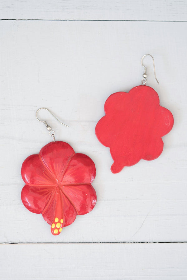 Vintage Red Wooden Dangle Hibiscus Flower Earrings