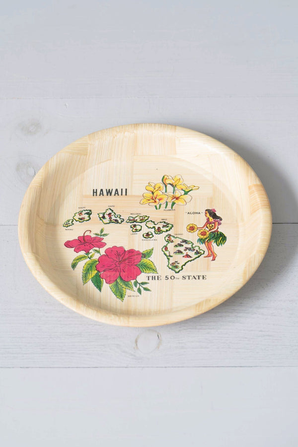Vintage Hawaii Souvenir Round Bamboo Tray