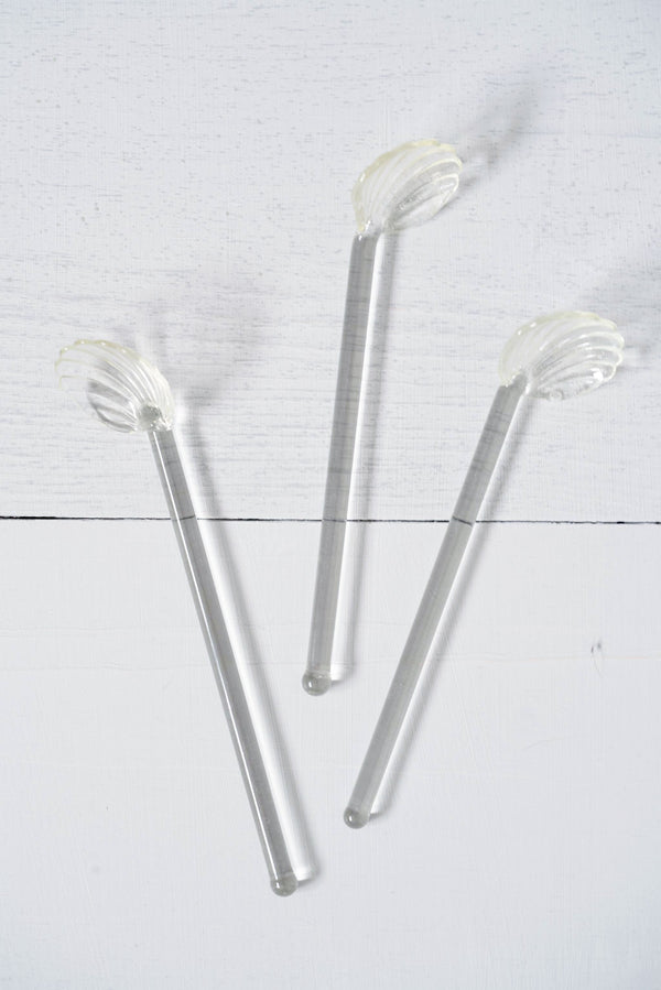 Vintage Set of 3 Glass Shell Cocktail Stir Stick Spoons