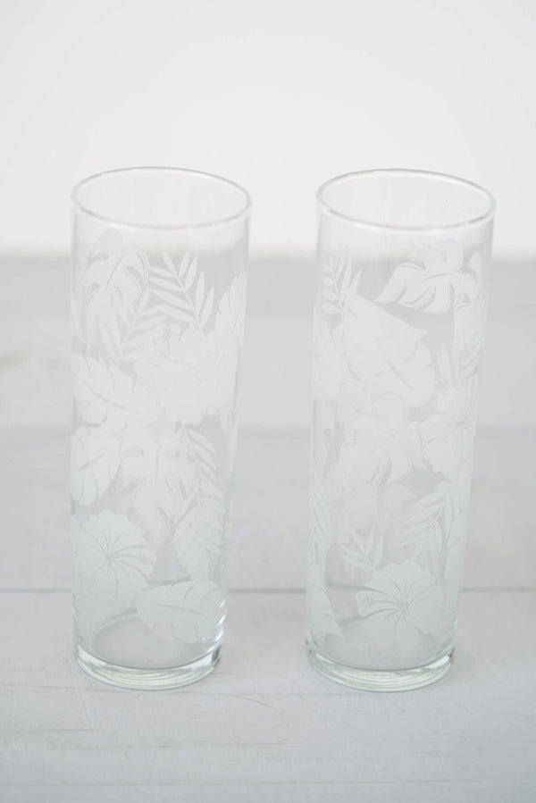 Pair of Tall Vintage Aloha Tropical Frosted Glass Cocktail Glasses