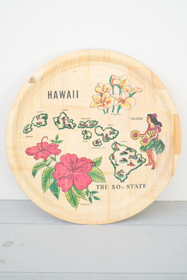 Vintage Hawaii Souvenir Round Bamboo Serving Tray