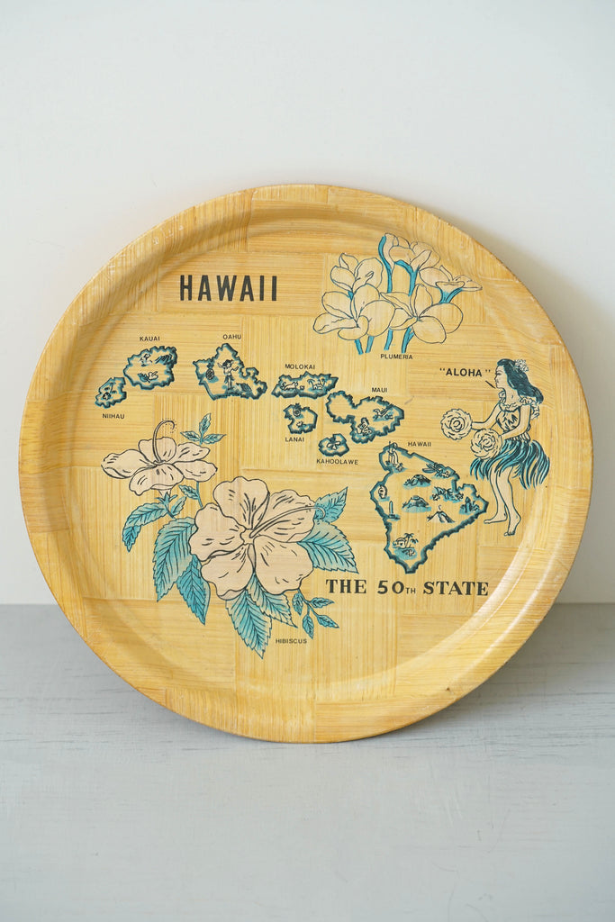 Vintage Hand-Woven Bamboo Hawaii Hula Girl Tray