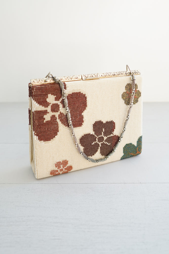 Vintage Mod Beaded Flower and Silver Filigree Handbag / Purse