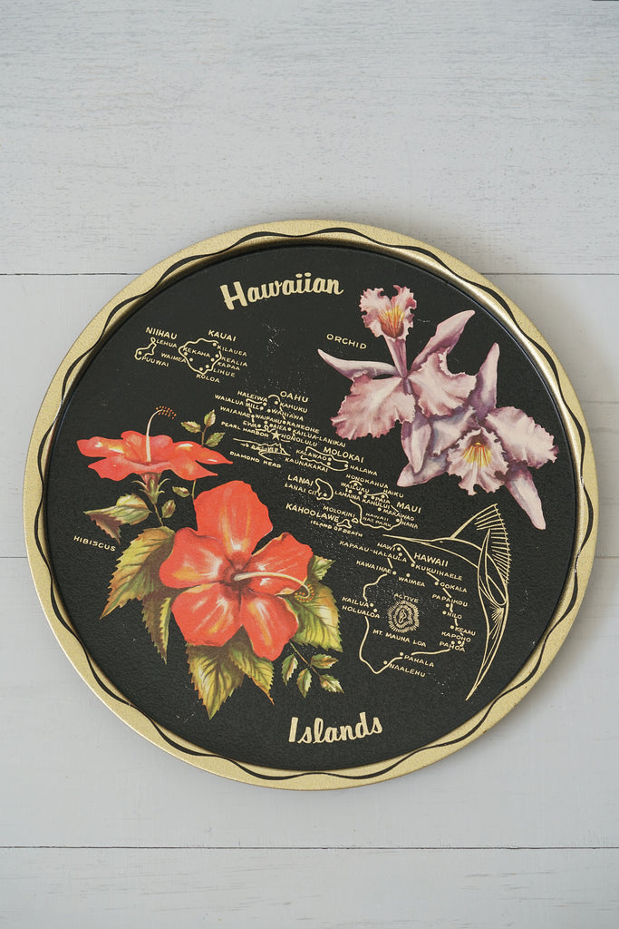Vintage Black Tin Hawaiian Islands Flower Tray