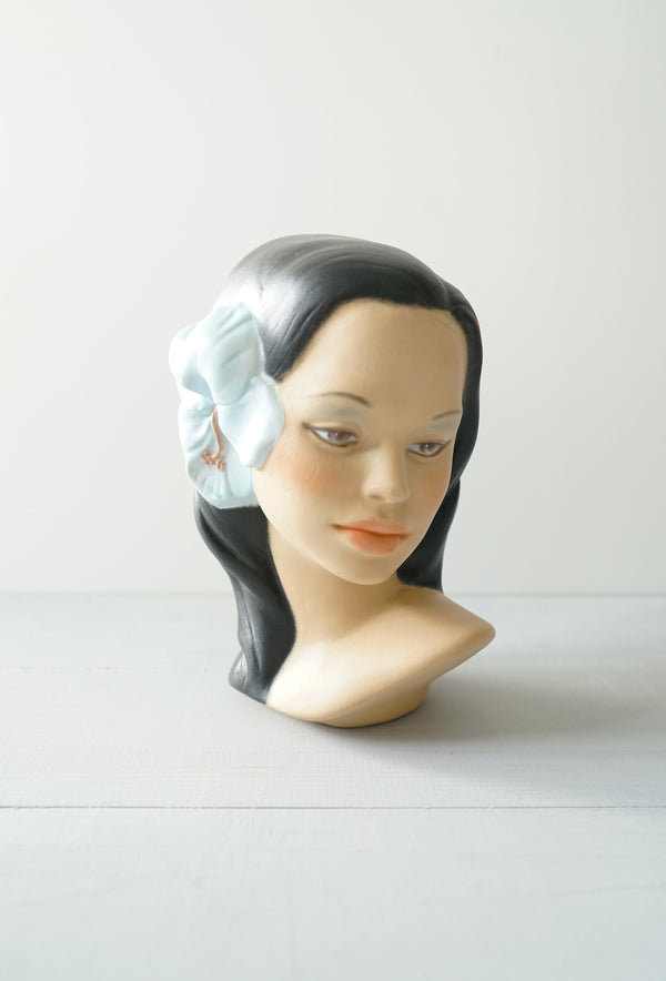 Vintage 1960s Polynesian Woman Head Bust With Blue Hibiscus