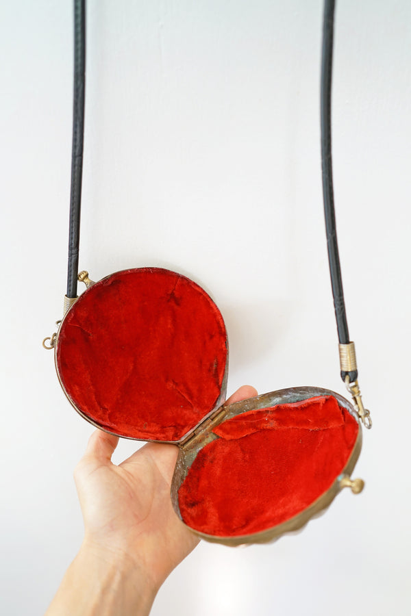 Antique Brass Clam Shell Purse With Red Velvet Lining