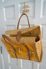 Vintage 1960s - 1970s Woven Straw and Palm Yellow / Orange Starburst Tote Bag