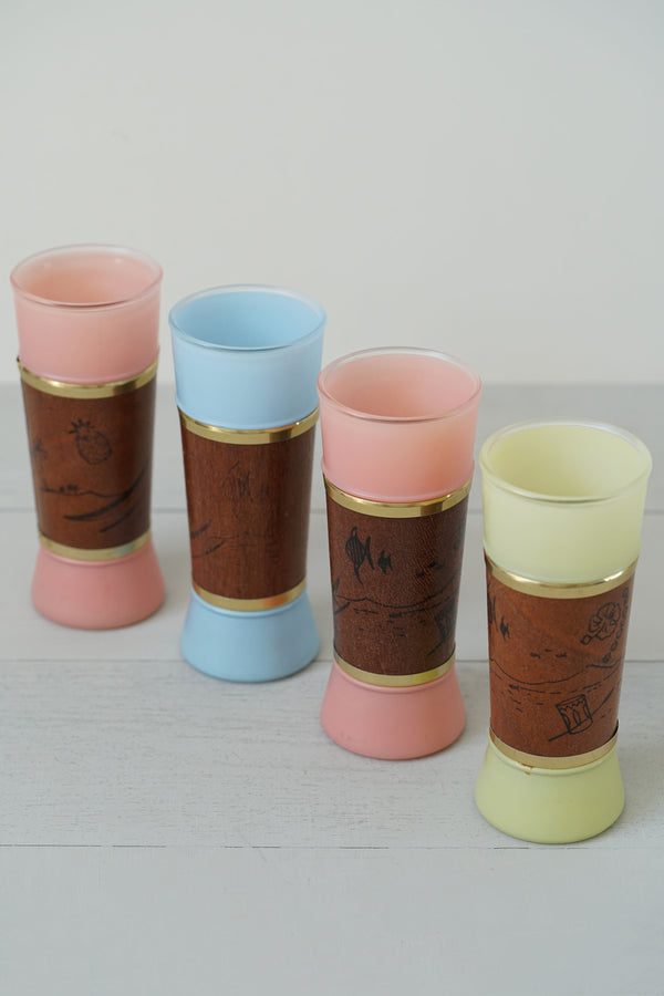 Vintage 1960s Set of 4 Hawaiian Siesta Ware Frosted Glass and Mahogany Tumblers