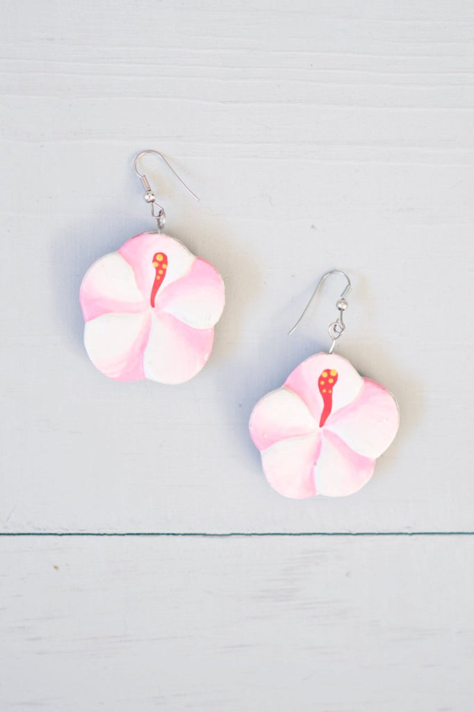 Vintage Pink Painted Wood Hibiscus Dangle Earrings