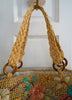 Vintage Handwoven Straw and Multicolor Raffia Flowers and Wood Tote Bag