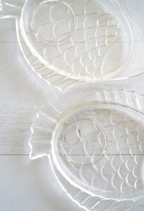 Cute Vintage Set of 2 Glass Stacking Fish Snack Plates