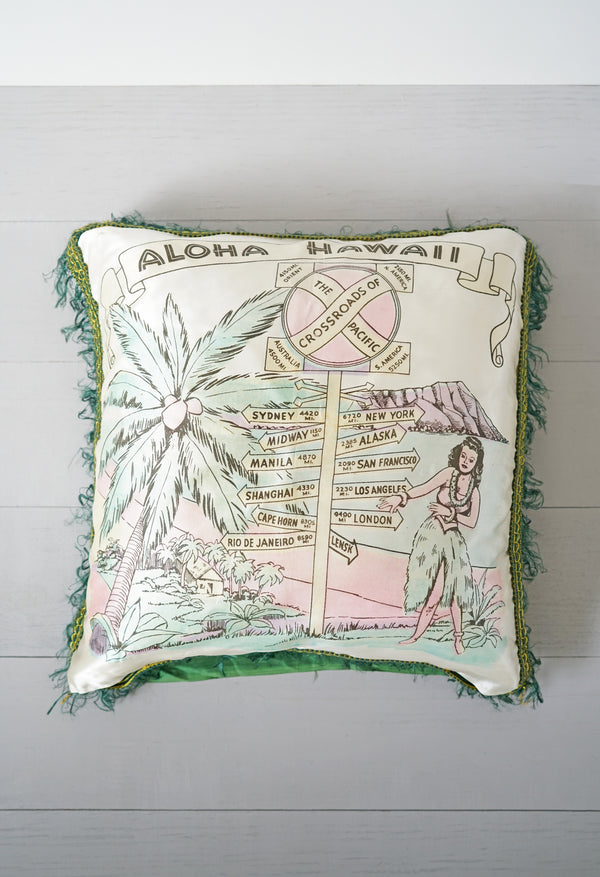 Vintage 1940s - 1950s Aloha Hawaii Hula Girl Crossroads Silky Pink and Green Fringe Pillow