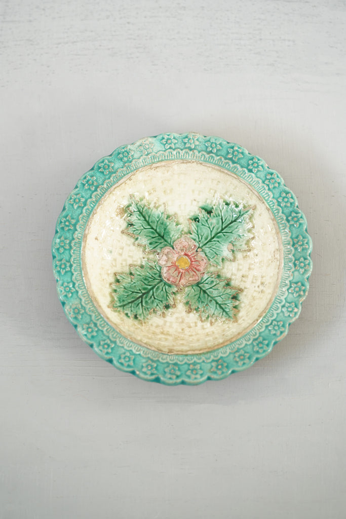 Rustic Vintage Basket Weave Green-and-Cream Hibiscus Ceramic Dish