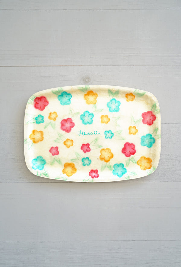 Vintage Shell Hawaii Platter Tray With Colorful Flowers
