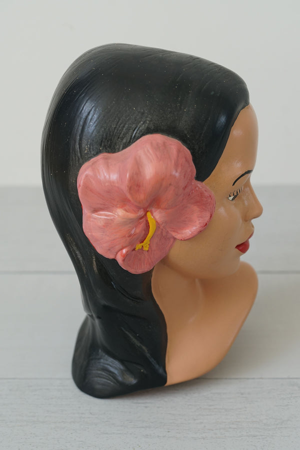 Vintage Painted Ceramic Hawaiian Woman Bust With Pink Hibiscus