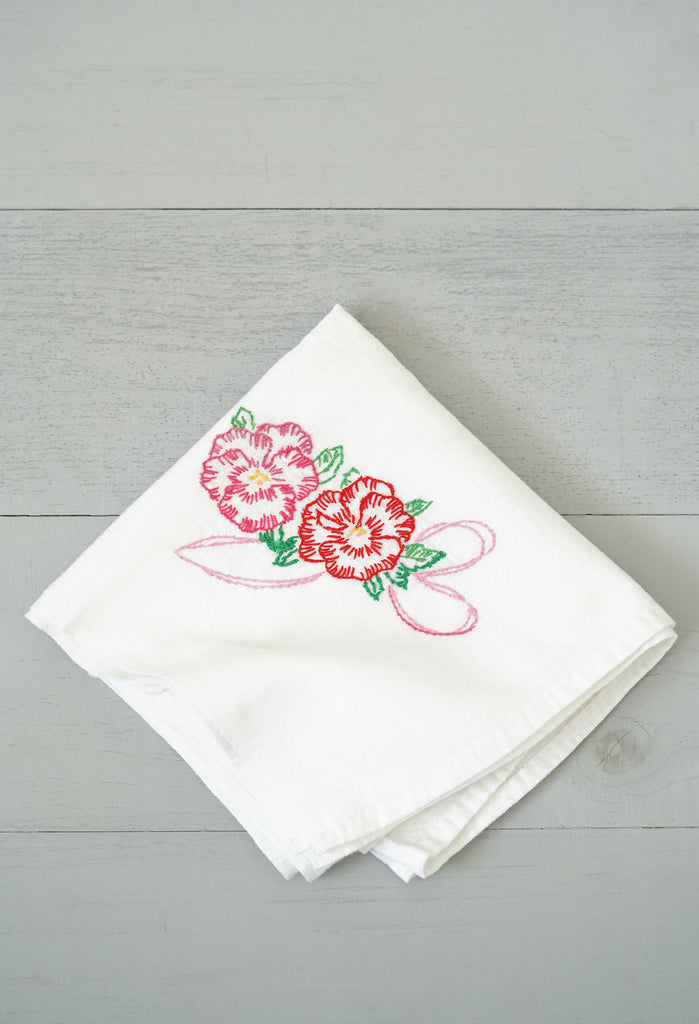 Vintage White Kitchen Tea Towel With Hibiscus Flower Embroidery