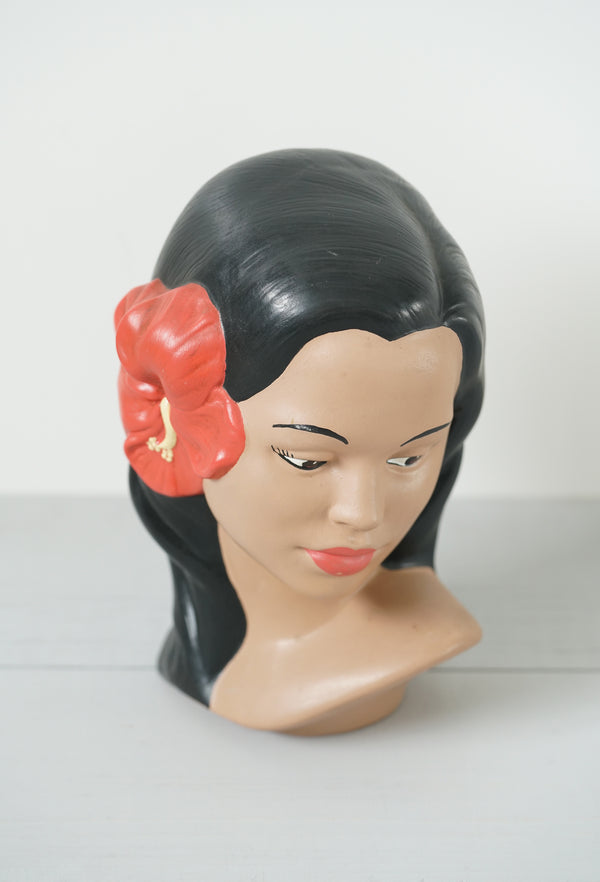 Vintage Polynesian Hawaiian Woman Bust With Bright Red Lipstick and Hibiscus Flower
