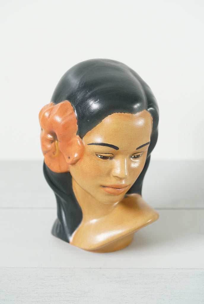 Vintage 1969 Signed Tan Polynesian Hawaiian Women Bust - Perfect Hibiscus