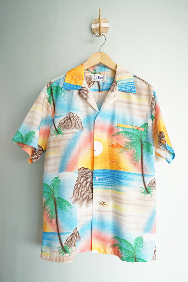 Vintage 1970s Sunset Rainbow Kai Nani Men's Large Hawaiian Button-Up Shirt