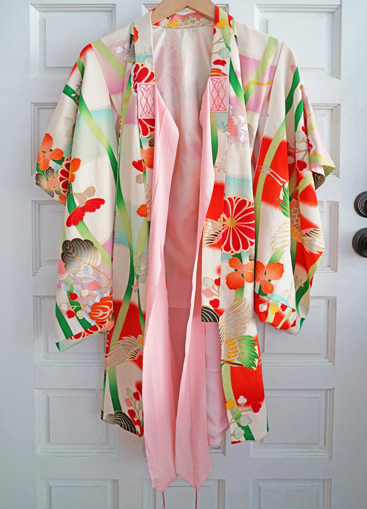 Vintage 1960s Handmade Silk Traditional Japanese Kimono - Child or Young Teen - Red, Green, Phoenix Bird