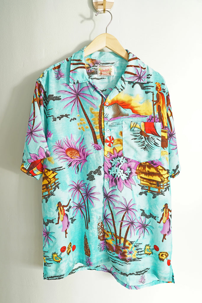 Vintage Waikiki Creations Flowy Turquoise and Purple Men's Large Hawaiian Button-Up Shirt