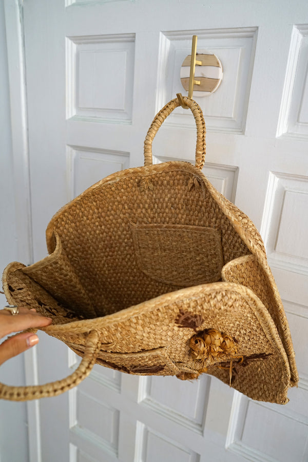 Vintage Large Woven Straw and Palm Boho Beach Bag Tote