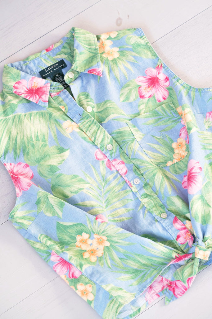 Hawaiian Sleeveless Tie Front Linen Top by Lauren by Ralph Lauren