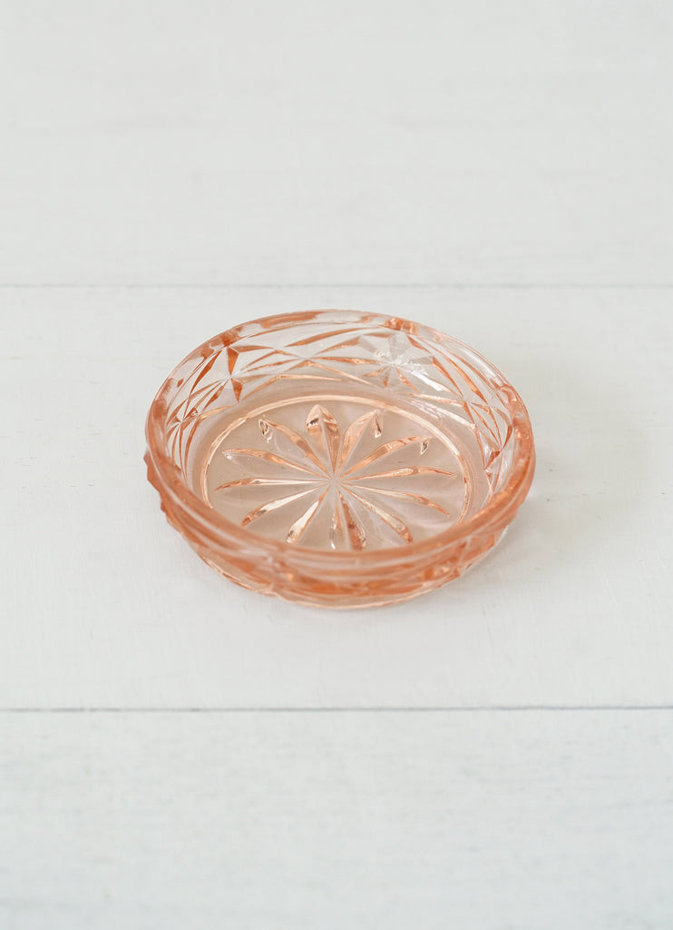 Vintage Small Carved Pink Glass Ashtray - Trinket Dish