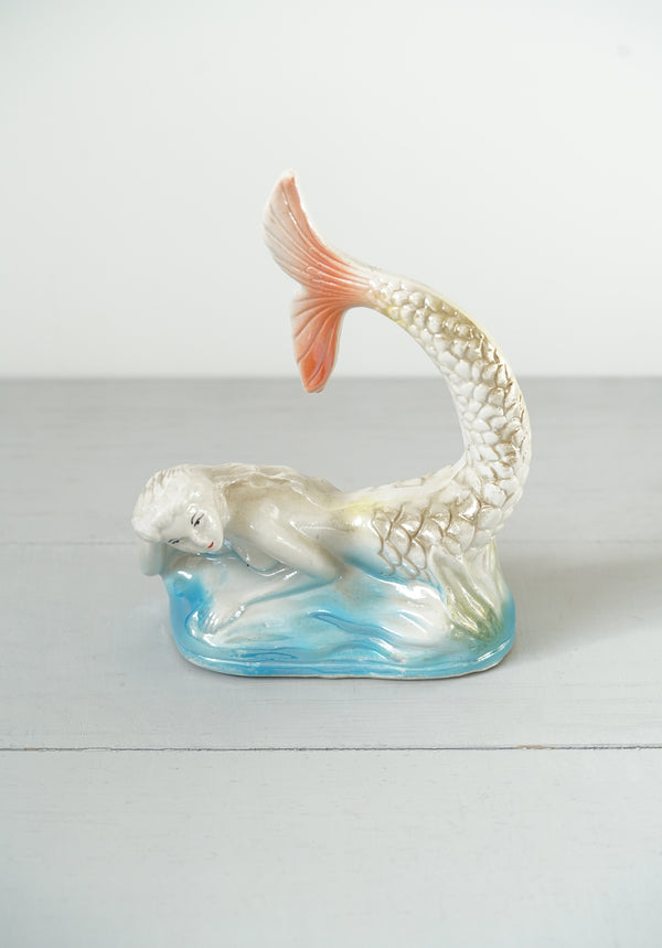 Vintage Brazilian Iridescent Luster Ceramic Pink and Blue Mermaid Figurine