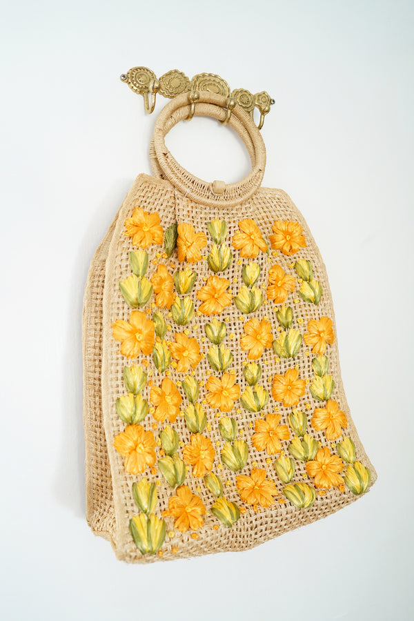 Handmade Vintage Woven Beach Purse with Raffia Flowers and Round Handles