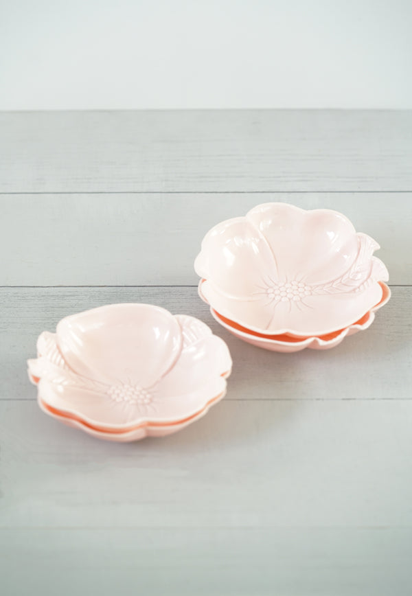 Set of 4 Vintage Hofmann Industries Midcentury Pink Plastic Hibiscus Bowls