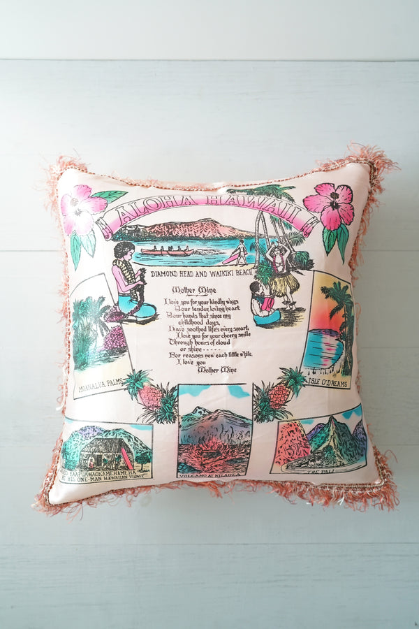 Vintage 1940s Hawaiian Bright Pink Satin Fringe Mother Poem Pillow