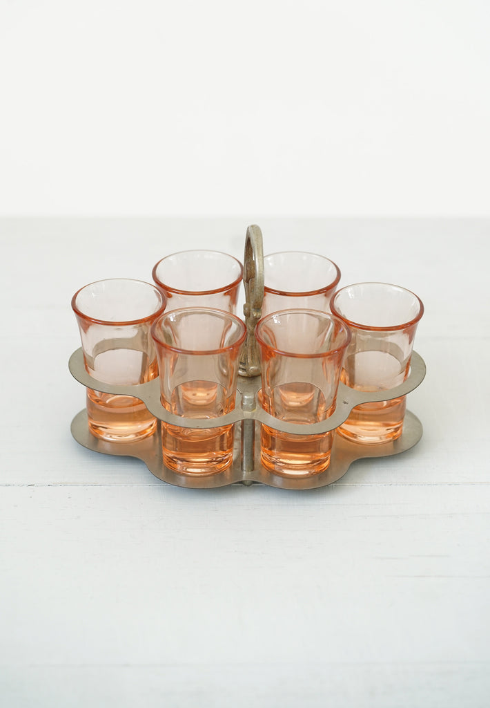 Vintage Set of 6 Pink Shot Glasses With Silver Caddy Tray