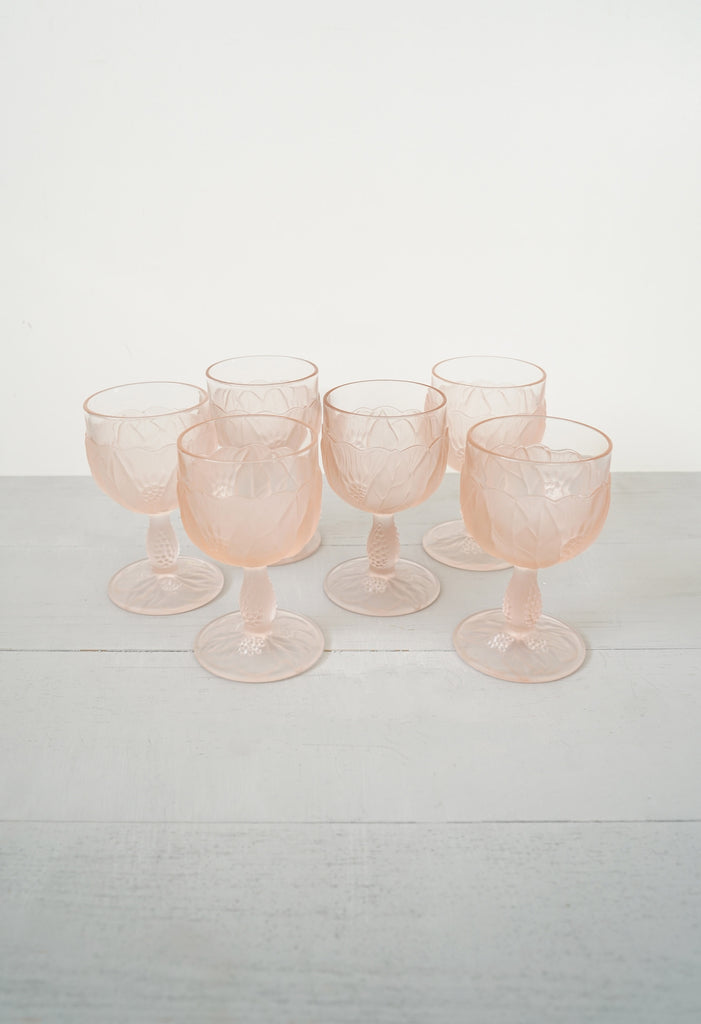 Vintage Set of 6 Italian Pink Wine Glasses With Frosted Flowers