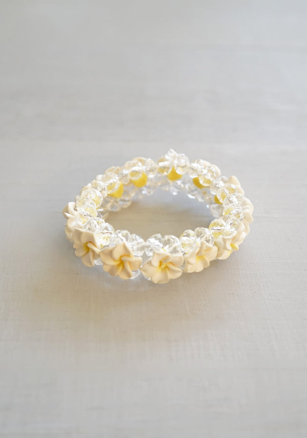 Cute Stretchy White and Yellow Plumeria Beaded Bracelet