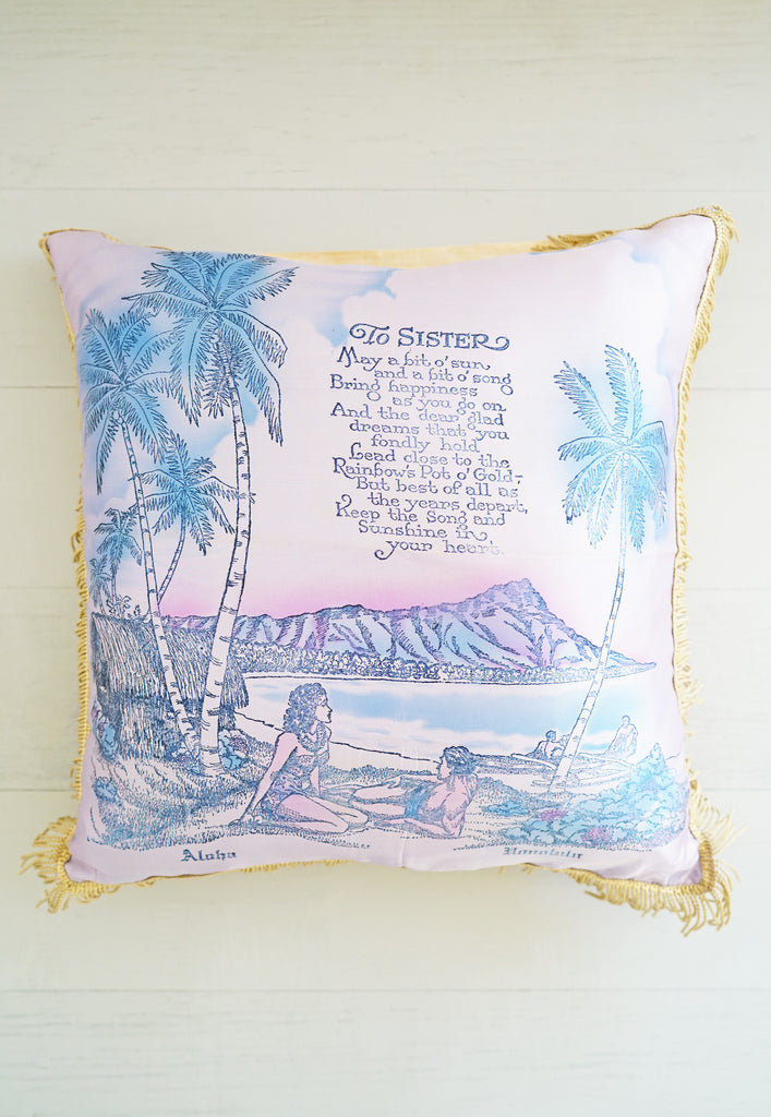 Vintage 1940s Honolulu Hawaii Purple - Blue Fringe Silky Sister Pillow
