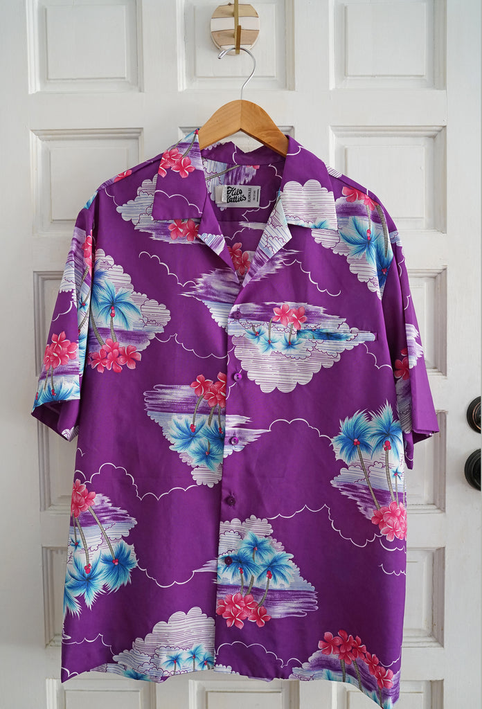 Vintage 1968 Hilo Hattie Hawaii Purple Plumeria Palm Tree Cloud Men's Shirt